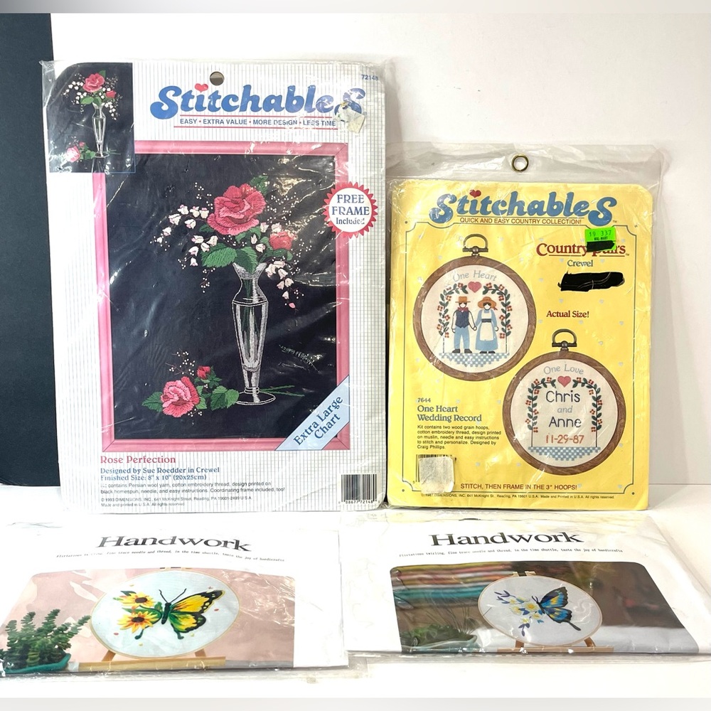 1993 vtg Dimensions Stitchables Crewel Rose Perfection Kit, Stitchables Lot 4